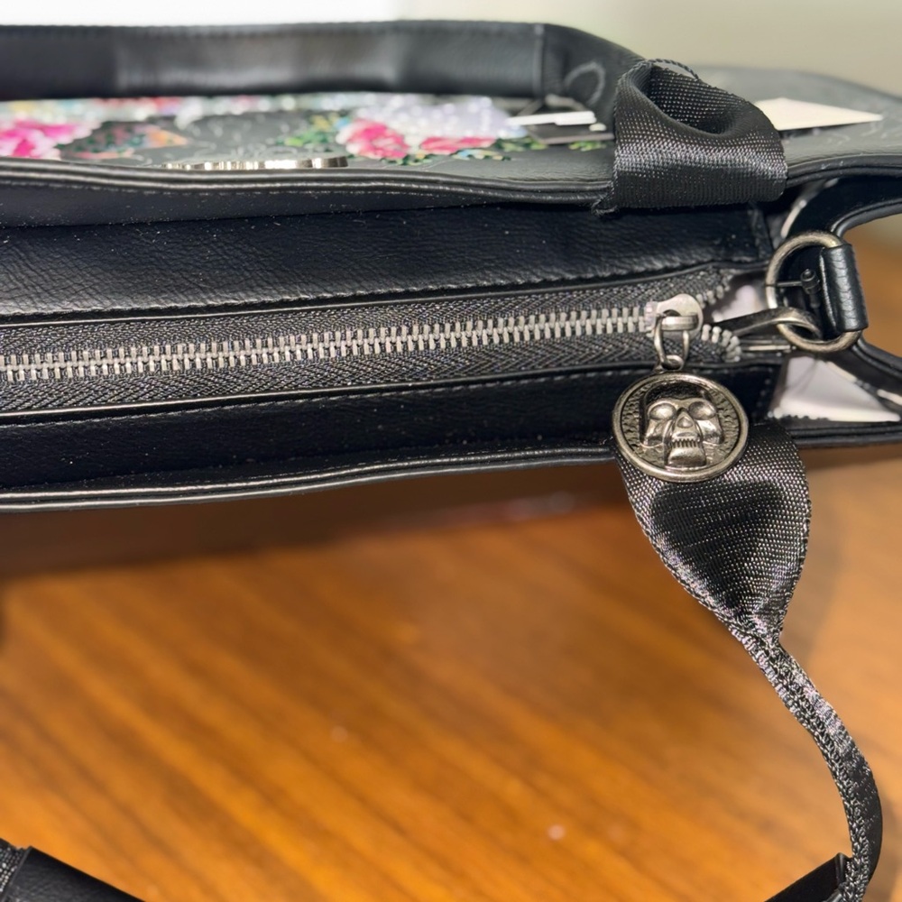 NWT Ed Hardy Jeweled Black Satchel with Floral Skull Design With Crossbody Strap - Picture 7 of 9